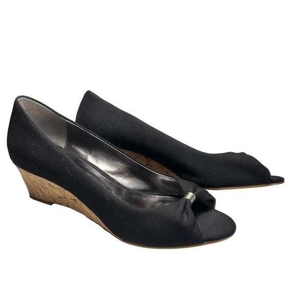 Etienne Aigner Black Canvas Wedge Heel open toe Pumps 8 - Picture 7 of 16